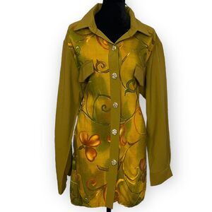 Sport Savvy Button Up Shirt Women's M Olive Green Floral Print VTG Boho Casual